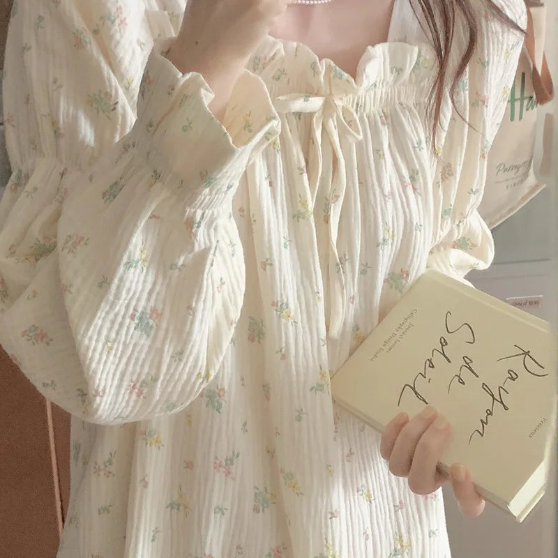 Sweet Girl Floral Print Long Nightdress Sleepwear Spring New Female Cotton Nightgown Lounge Wear Casual Bathrobe Home Wear