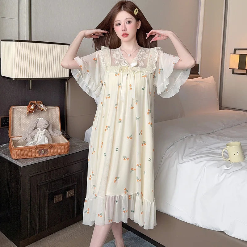 Floral Lace Nightgown with Cheat Pad Korean Women Summer Short Sleeve Pajamas Dress Princess Style Loose Nightdress Loungewear