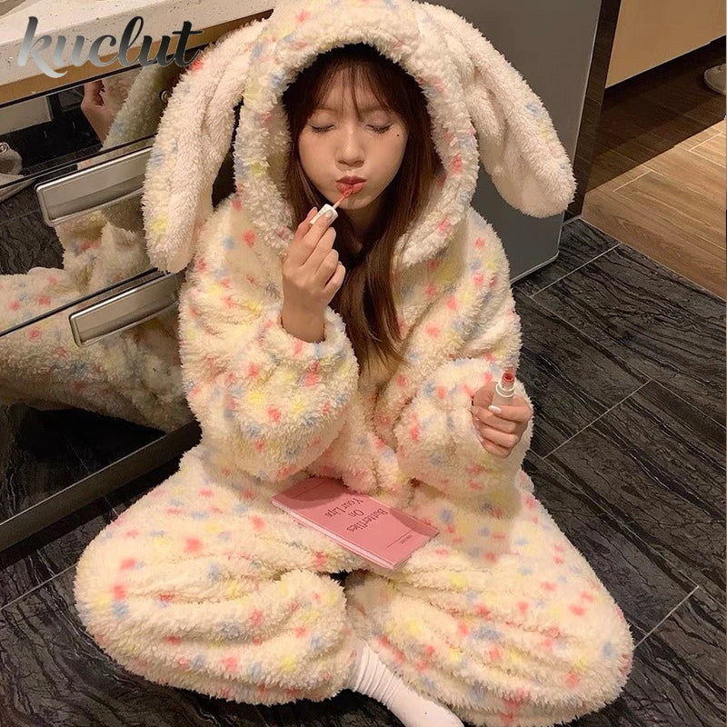 Rabbit Ears Onesie Pajamas Girl's Coral Fleece Thickened Sweet Hooded Nightgown Women's Homewear Long Sleeve Homeclothes Winter