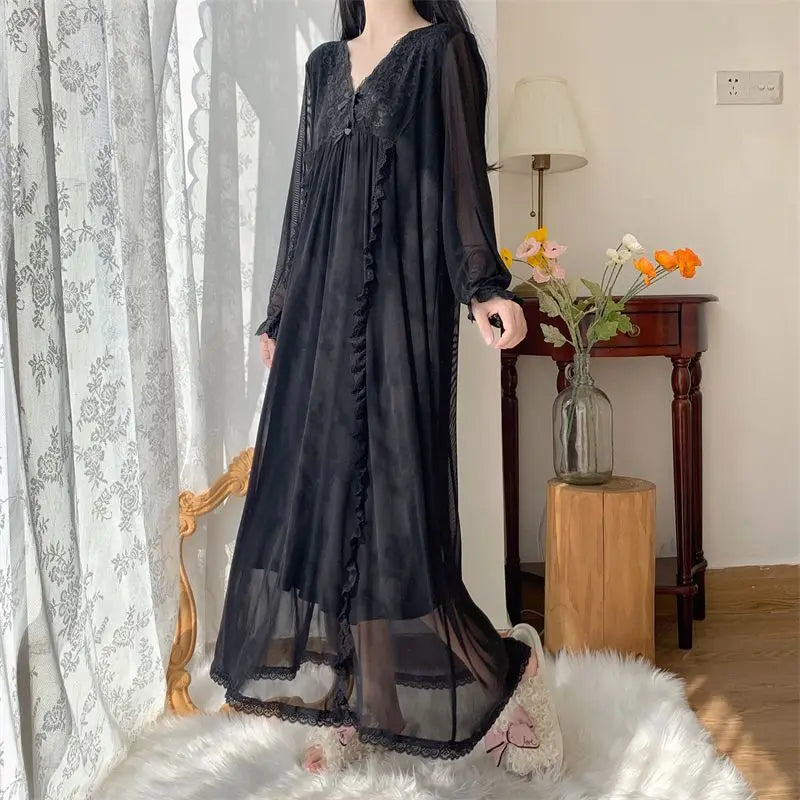 Women's Nightgown Mesh Lace V-neck Long Sleeved Pajamas