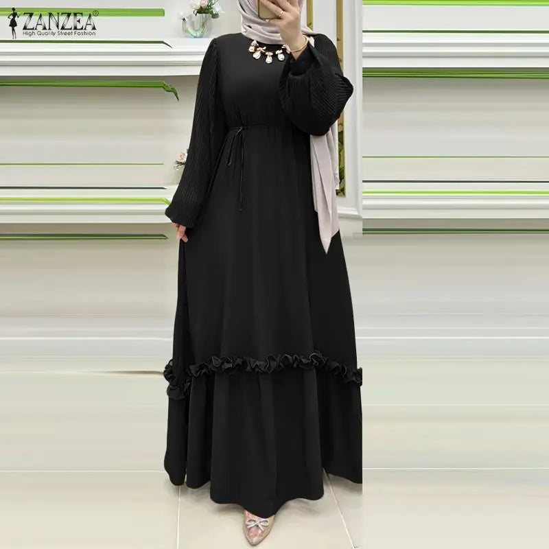 ZANZEA Modest Hijabs Abaya Long Dresses Women Muslim Ramadan O-Neck Pleated Lantern Sleeve Solid Color Ruffles A-Line Robes 3XL