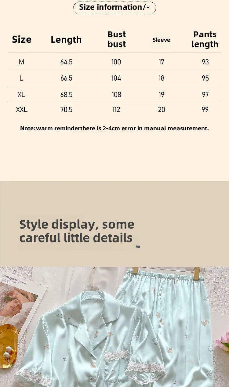 Bear Print Pajamas Women Cool Ice Silk Short Sleeve Pants Loungewear Cardigan Lace Fall and Winter Two-Piece Set Plus Size