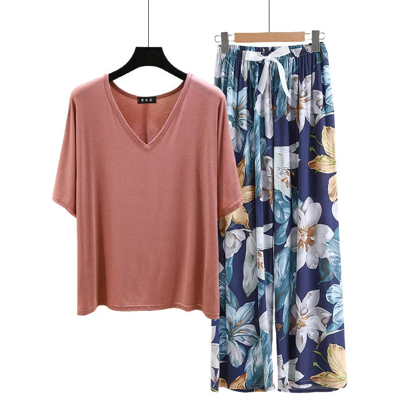 V Neck Tshirt with Poplin Floral wide leg pants summer cool pajamas sets Loose casual homewear suit Rayon Loungewear all match