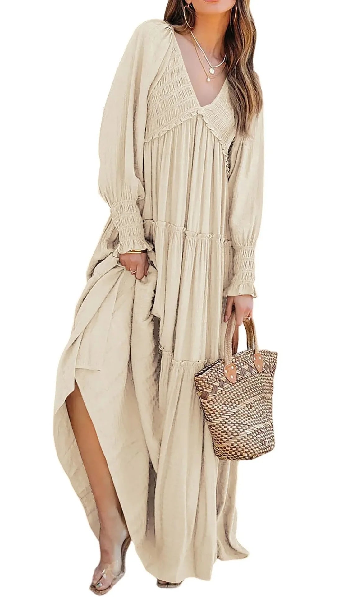 Long Dress Women Vintage V Neck Long Sleeve Dresses Loose Y2k High Waist Shirring Casual Summer Loose 2025 Elegant Slight Strech