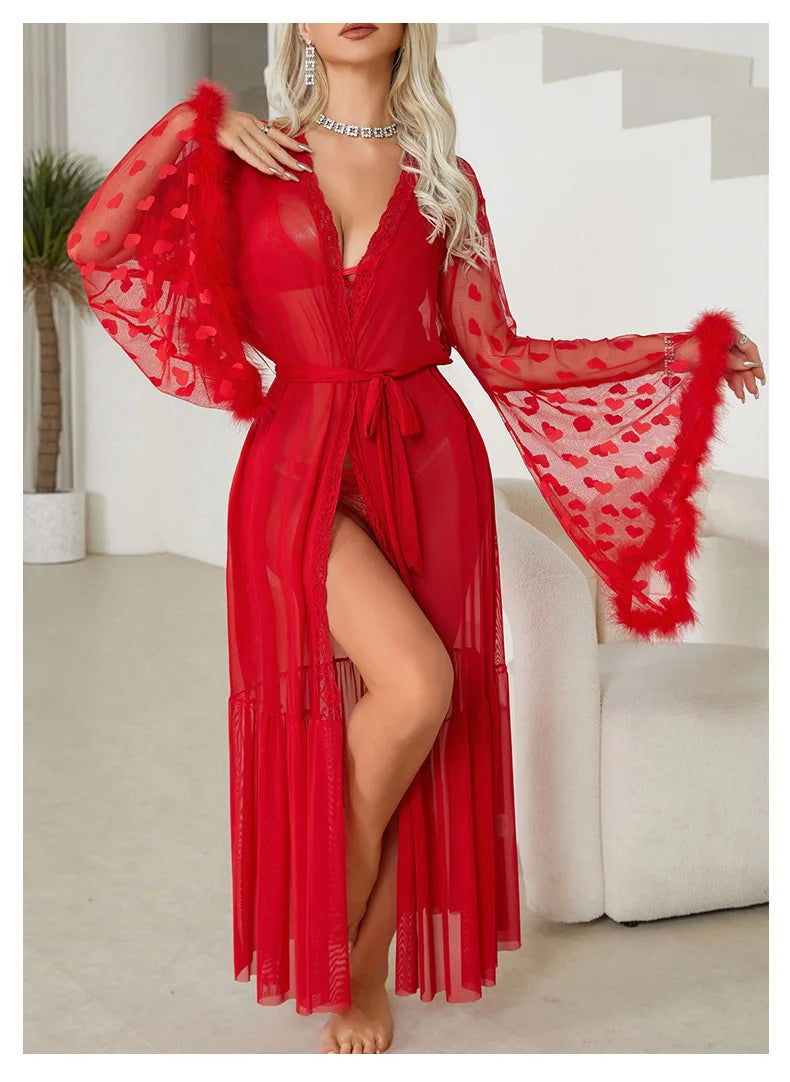 Sexy Bride Wedding Dress Soft Mesh Lace Flower Robe Long Kimono Nightwear Loose Bathrobe Feather Trim Big Sleeve Nightgown