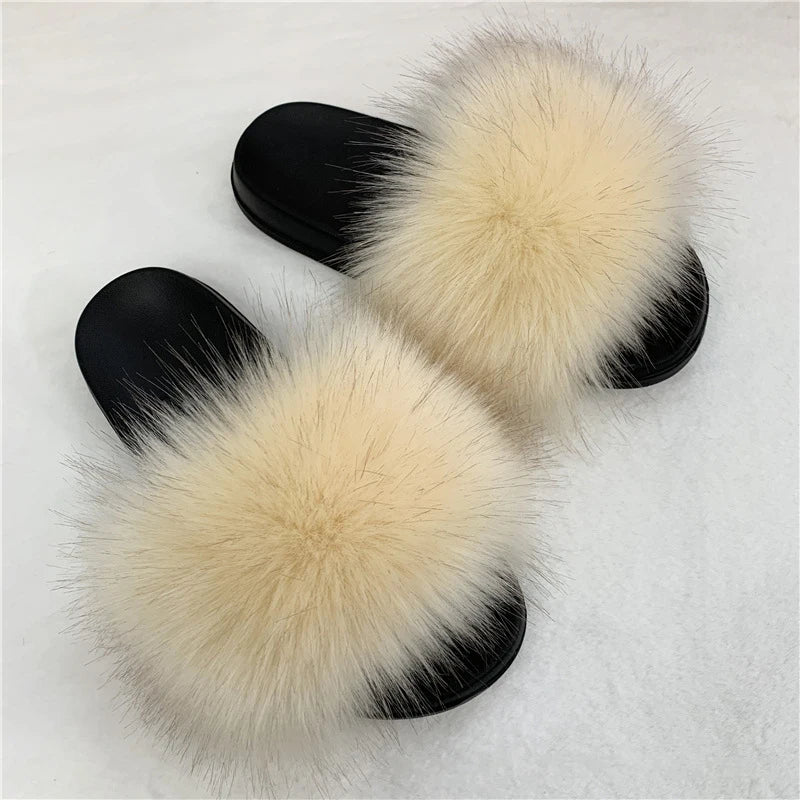 Ladies Fluffy Slippers Summer Women Faux Fur Soft Slides Stylish Open Toe Sandals Outdoor Indoor Furry Comfortable Beach Shoes