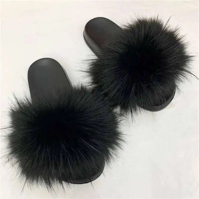 Ladies Fluffy Slippers Summer Women Faux Fur Soft Slides Stylish Open Toe Sandals Outdoor Indoor Furry Comfortable Beach Shoes