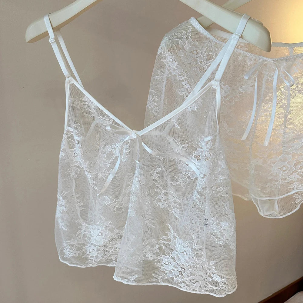 Women Harness Pajama Suspender Shorts For Women Sexy Sheer Pajamas Set Lingerie Pyjamas Shorts Set Perspective Lace Sleepwear