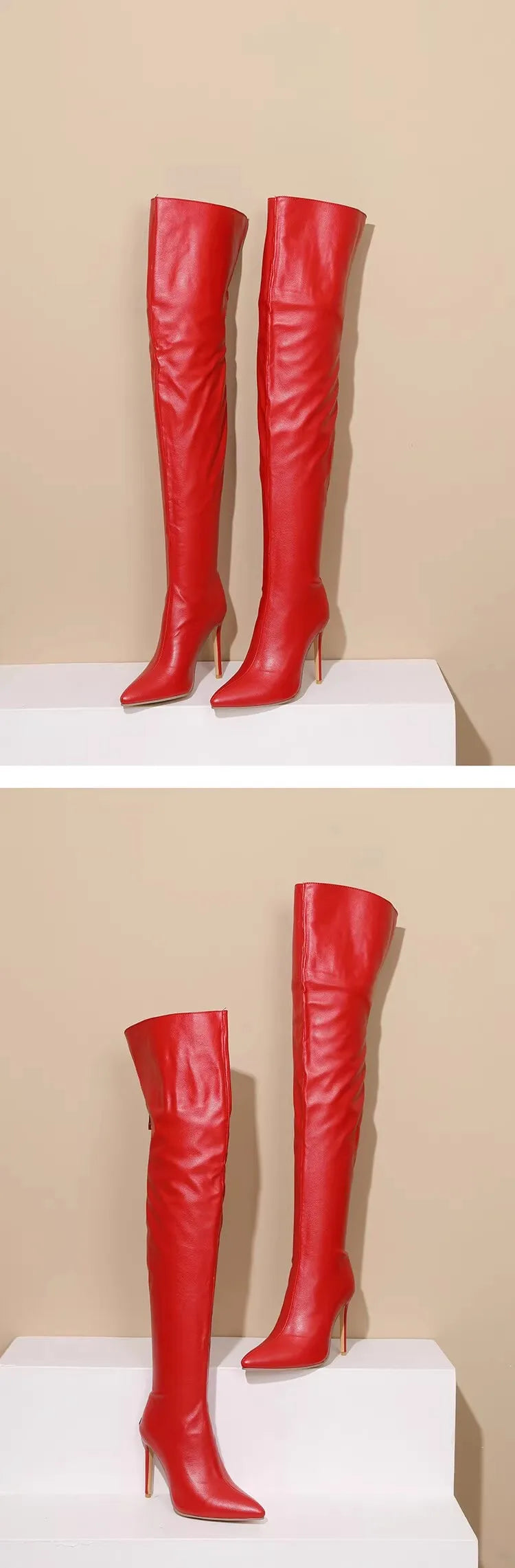 Women Boots Red Black Pointy Toe Thigh High Long Boots Autumn Winter Zip Over-the-Knee Boots Party Shoes Plus Size 46 Stiletto
