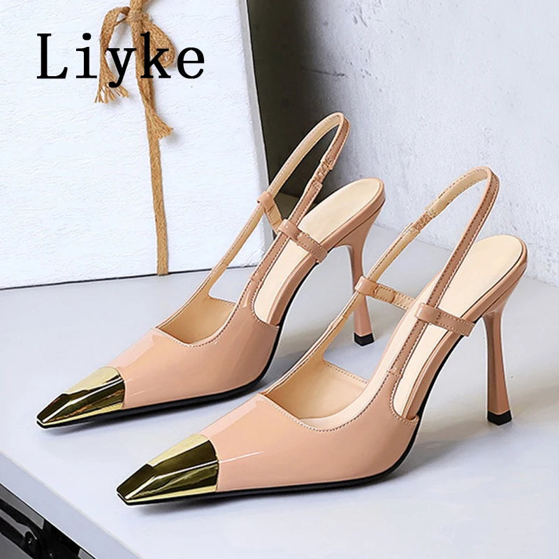 Liyke Sexy Slingback Sandal Female Design Metal Pointed Toe Stiletto High Heels Party Prom Shoes Women Pumps Zapatos Mujer