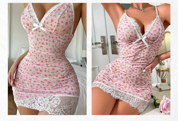 2PCS Women's New Sleepwear Summer Sexy Strap Doll Underwear Set Flower Lace Bordered Bow Tight Dress Sleeping Skirt Hot Selling
