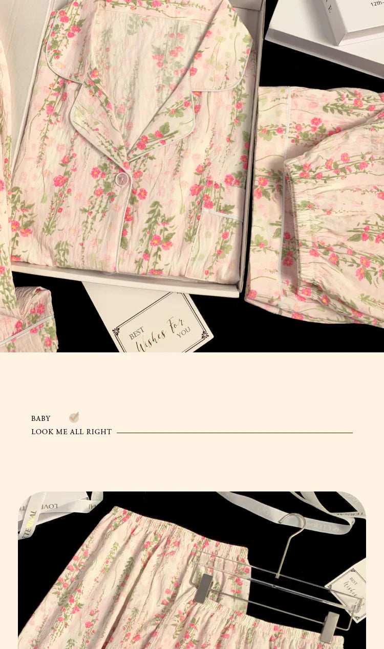 Spring/Summer Sweet & Cute Floral Cotton Pyjamas for Girls Three-Piece Homewear Set Student Casual Sleepwear Homewear Ensemble