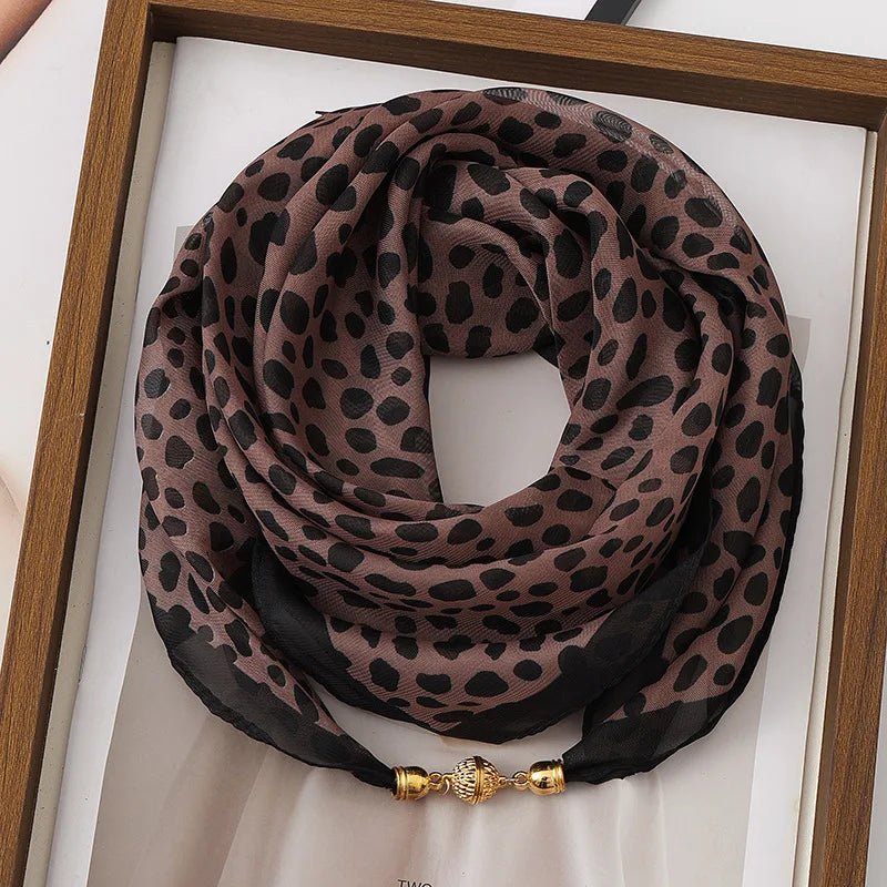 New Magnetic Buckle Scarf Women's Spring and Autumn Versatile Ears Korean Version Thin Silk Scarf  Diagonal Decoration Ramadan