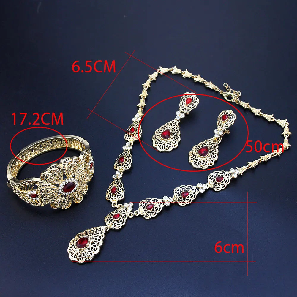 Sunspicems Morocco Bride Jewelry Sets Hollow Flower Women Earring Necklace Bracelet Water Drop Crystal Arabic Wedding Necklace