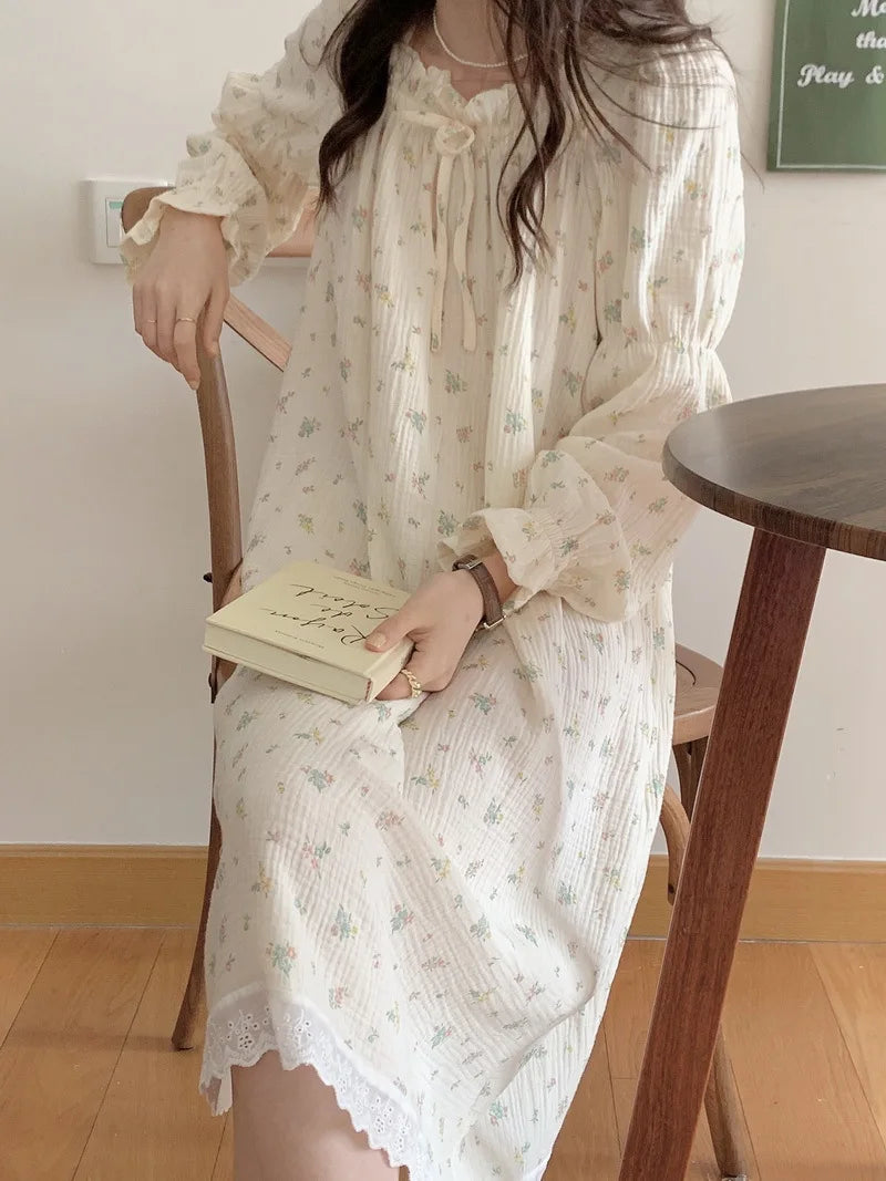 Sweet Girl Floral Print Long Nightdress Sleepwear Spring New Female Cotton Nightgown Lounge Wear Casual Bathrobe Home Wear
