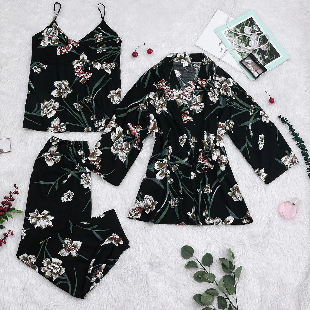 Luxury 3-Piece Pajama Set - Floral Print Camisole + Palazzo Pants + Kimono Robe | Women's Sexy Lounge Wear