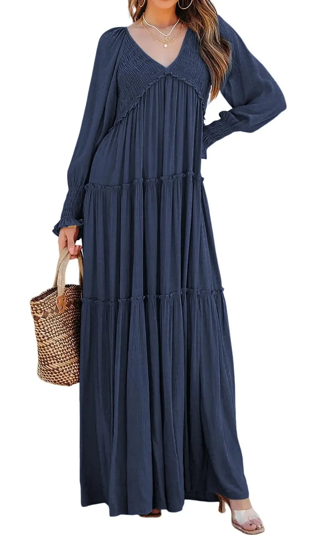 Long Dress Women Vintage V Neck Long Sleeve Dresses Loose Y2k High Waist Shirring Casual Summer Loose 2025 Elegant Slight Strech