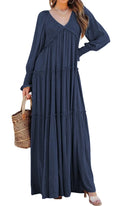 Long Dress Women Vintage V Neck Long Sleeve Dresses Loose Y2k High Waist Shirring Casual Summer Loose 2025 Elegant Slight Strech