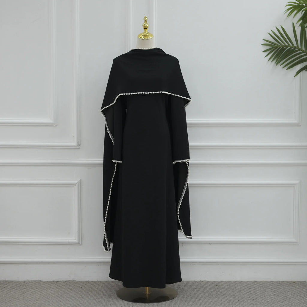 White Pearl Trim Cape Maxi Dress Women Elegant Long Sleeve Cinched Waist Muslim Robes 2026 Spring EID Abaya Lady Dresses