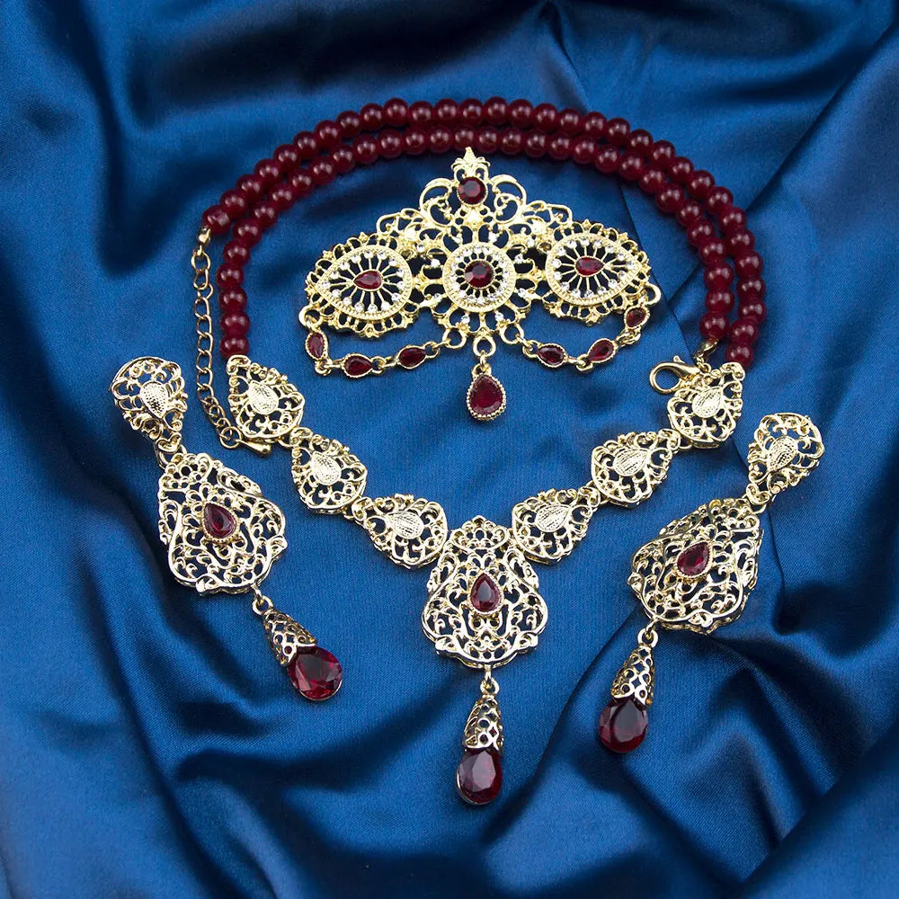 Sunspicems Gold Color Arabic Morocco Bridal Wedding Jewelry Sets Beads Necklace Waterdrop Pendant Long Earring Filigree Brooch