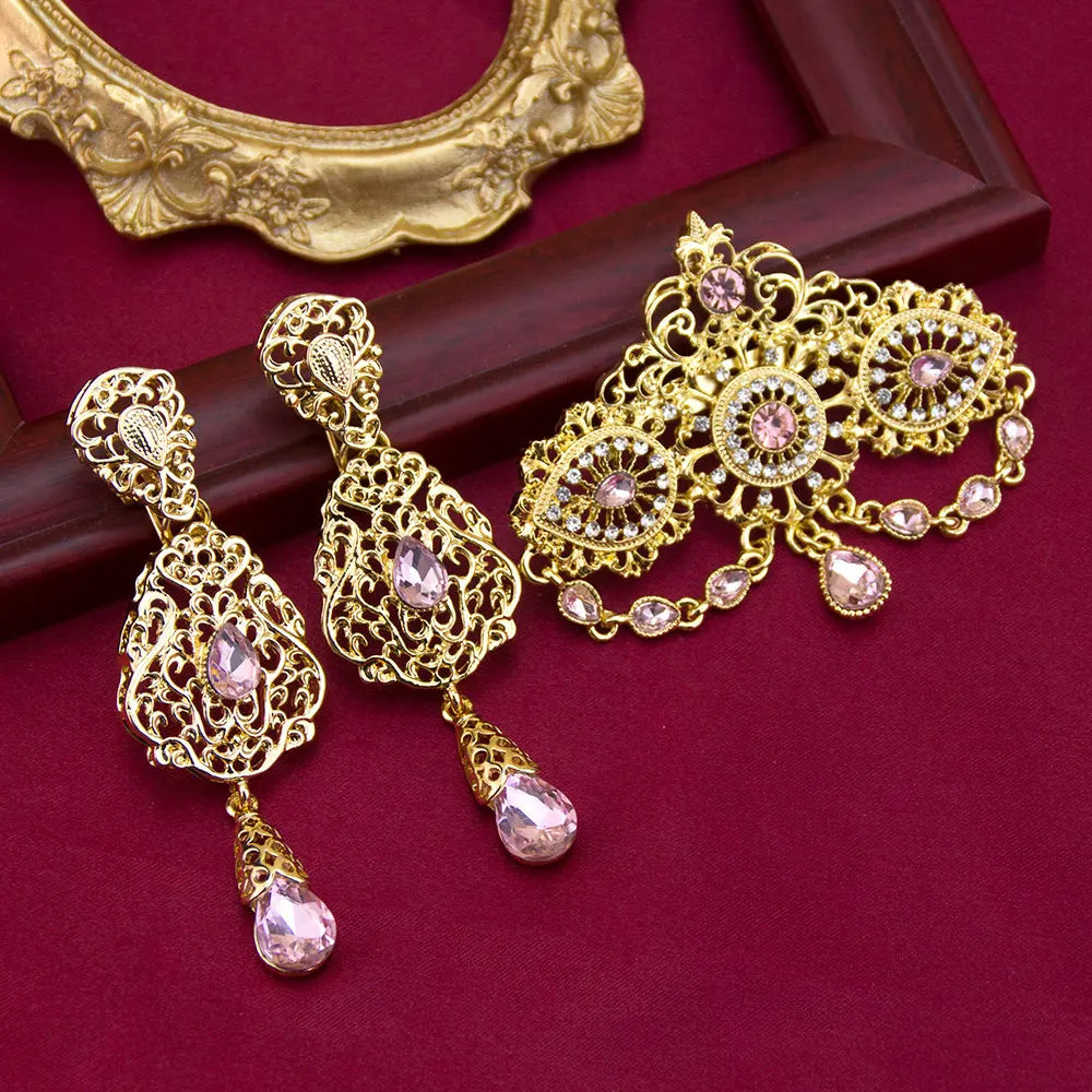 Sunspicems Gold Color Moroccan Jewelry Caftan Brooch Earring Sets For Women Chic Arabic Bridal Ethnic Wedding Bijoux Party Jewel