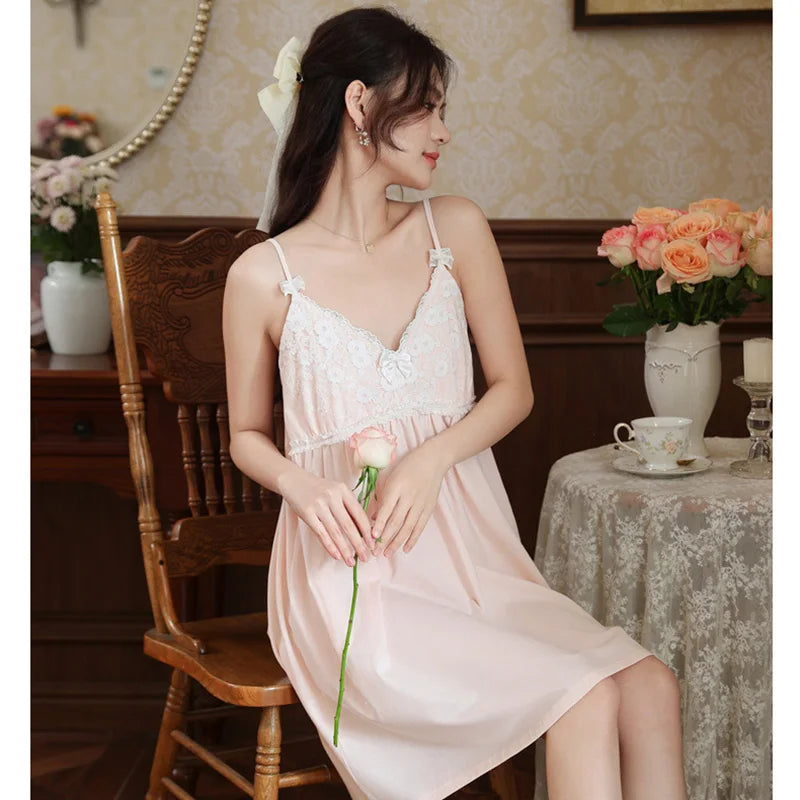 Cotton Strap Sleepwear for Women Summer French Sweet Lace Embroidered Pure Sleeping Dress with Chest Mat Home Clothes