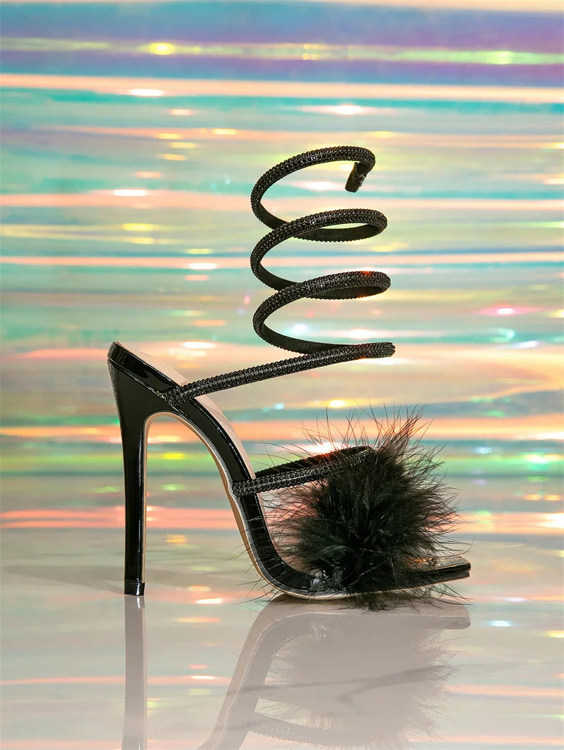 Liyke Sexy Snake Twine Around Crystal Women Sandals Fashion Furry Feathers Square Toe Rhinestones High Heels Party Prom Shoes