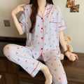 Sweet Cute Cherry Print Pajamas Women 2 Piece Set Soft Loungewear Summer Casual Short Sleeve Pajamas Set Korean Fashion Homewear