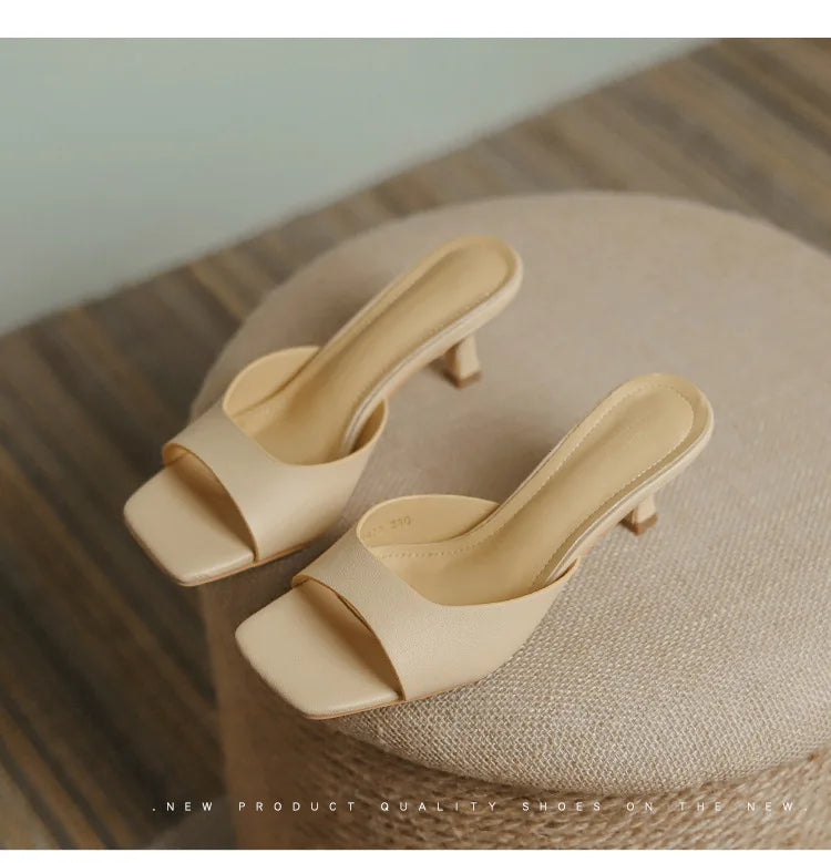 Genuine Leather French Slim Heel Slippers for Women's Summer New Fashionable Sandals Women Sweet Round Toe Slipper Ladies Shoes