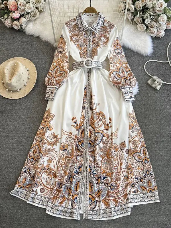 Elegant Vintage Court Style Long Sleeve Collared Slim Fit Print Shirt Dress Knitted Fabric Midi Skirt Length Button Detail