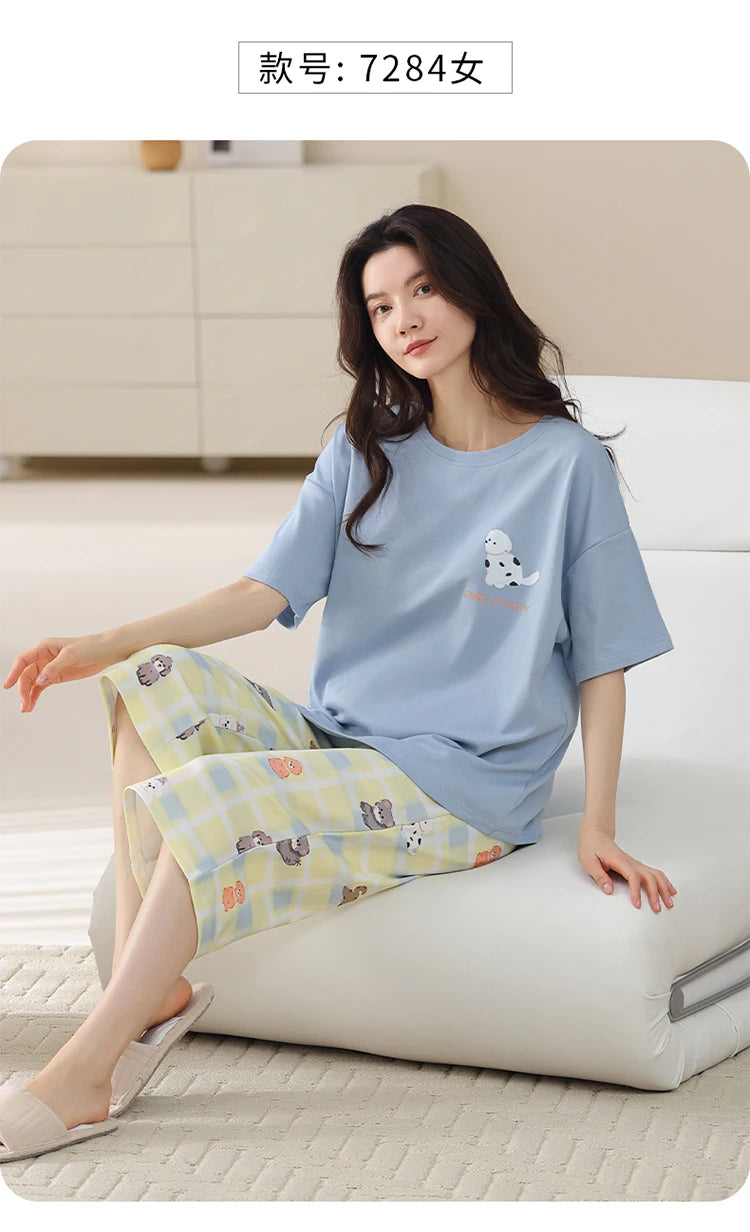 MiiOW 2Pcs Summer Women's Pajamas Set Cotton Short Sleeve Woman Homewear Cute Pink Patchwork Print Girls Pajamas Woman Sleepwear
