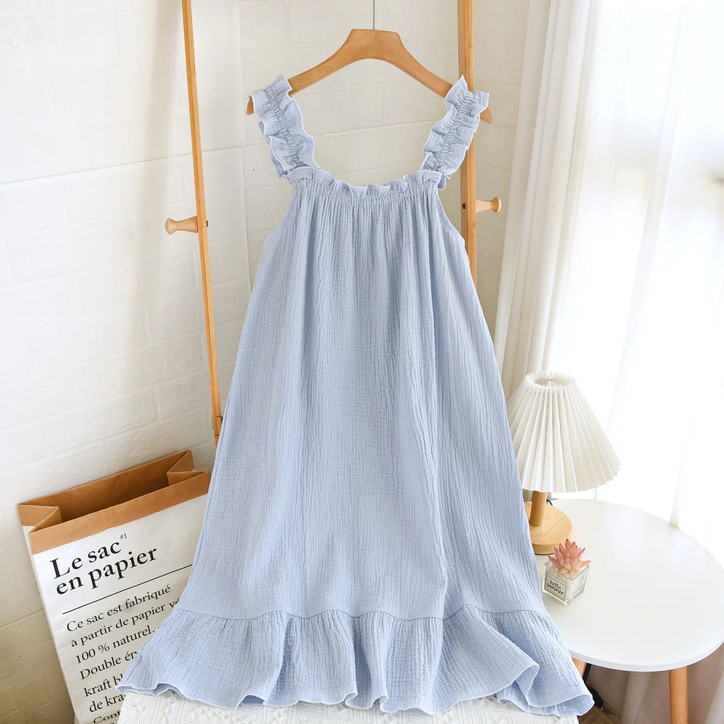 2026 new women's summer cotton yarn, pure cotton suspender sleepwear loose medium to long sweet and cute long skirt home wear