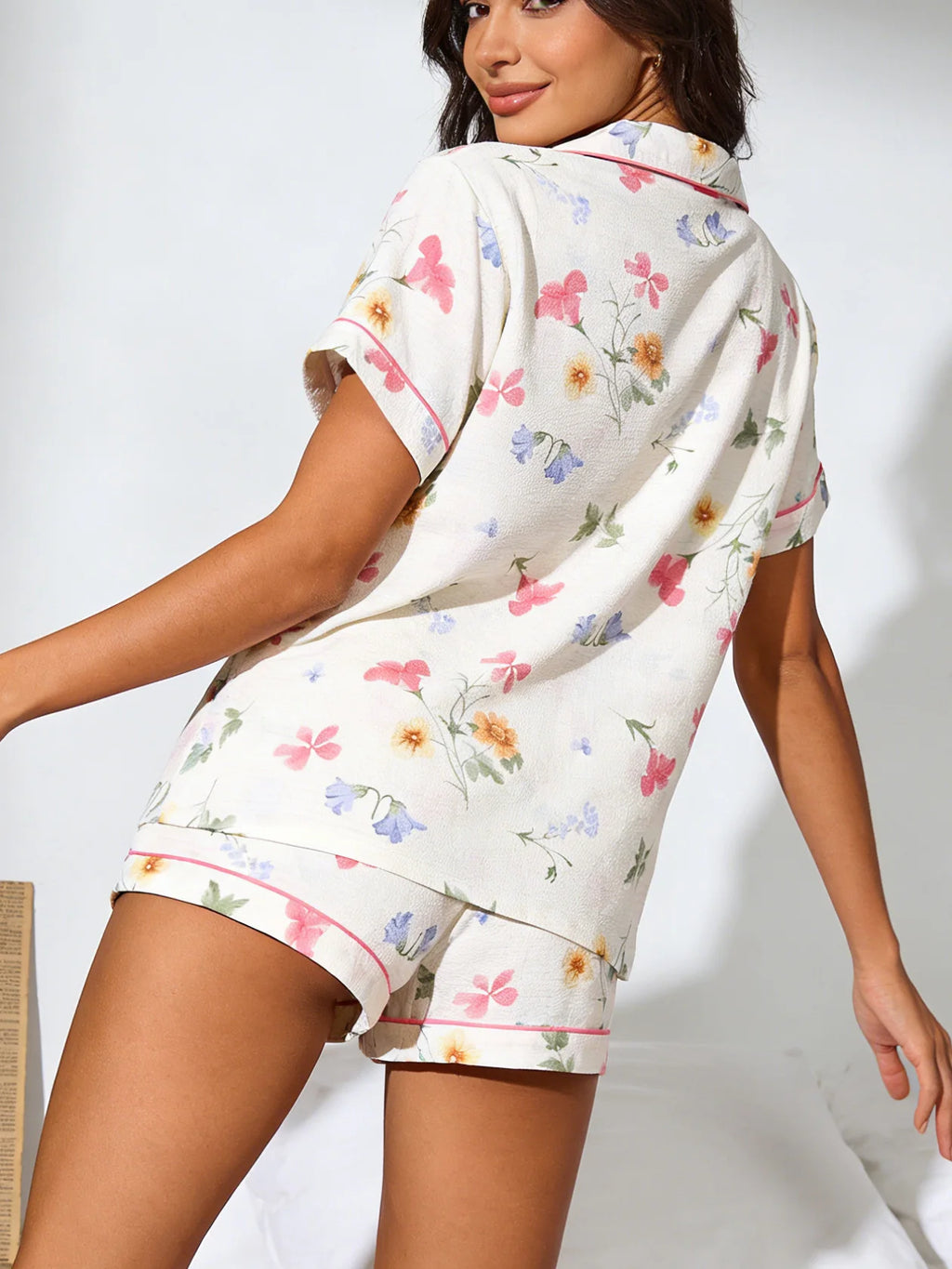 Women Pajamas Cardigan Lapel Short Sleeve Shorts 2 Piece Set Spring Summer Cute Floral Print Homewear Loungewear