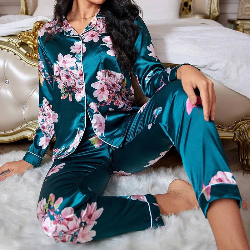 Pajamas For Women's Floral Print Long-Sleeved Sleepwear Button Down 2 Piece Soft Loungewear Pjs Set Pajama Pants Homewear