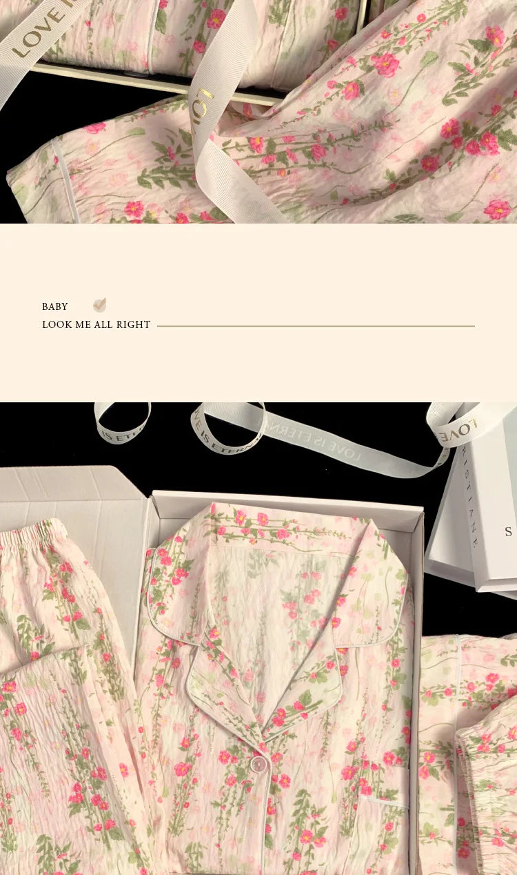Spring/Summer Sweet & Cute Floral Cotton Pyjamas for Girls Three-Piece Homewear Set Student Casual Sleepwear Homewear Ensemble