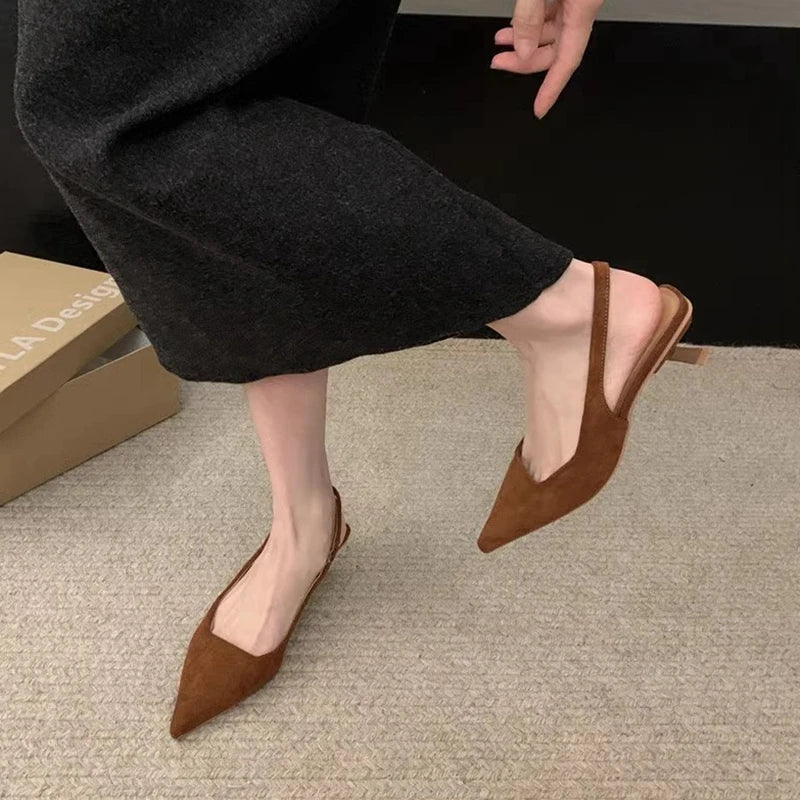 SUOJIALUN 2024 Spring New Women Sandal Fashion Pointed Toe Shallow Slip On Dress Mules Shoes Thin Low Heel Slingback Sandal