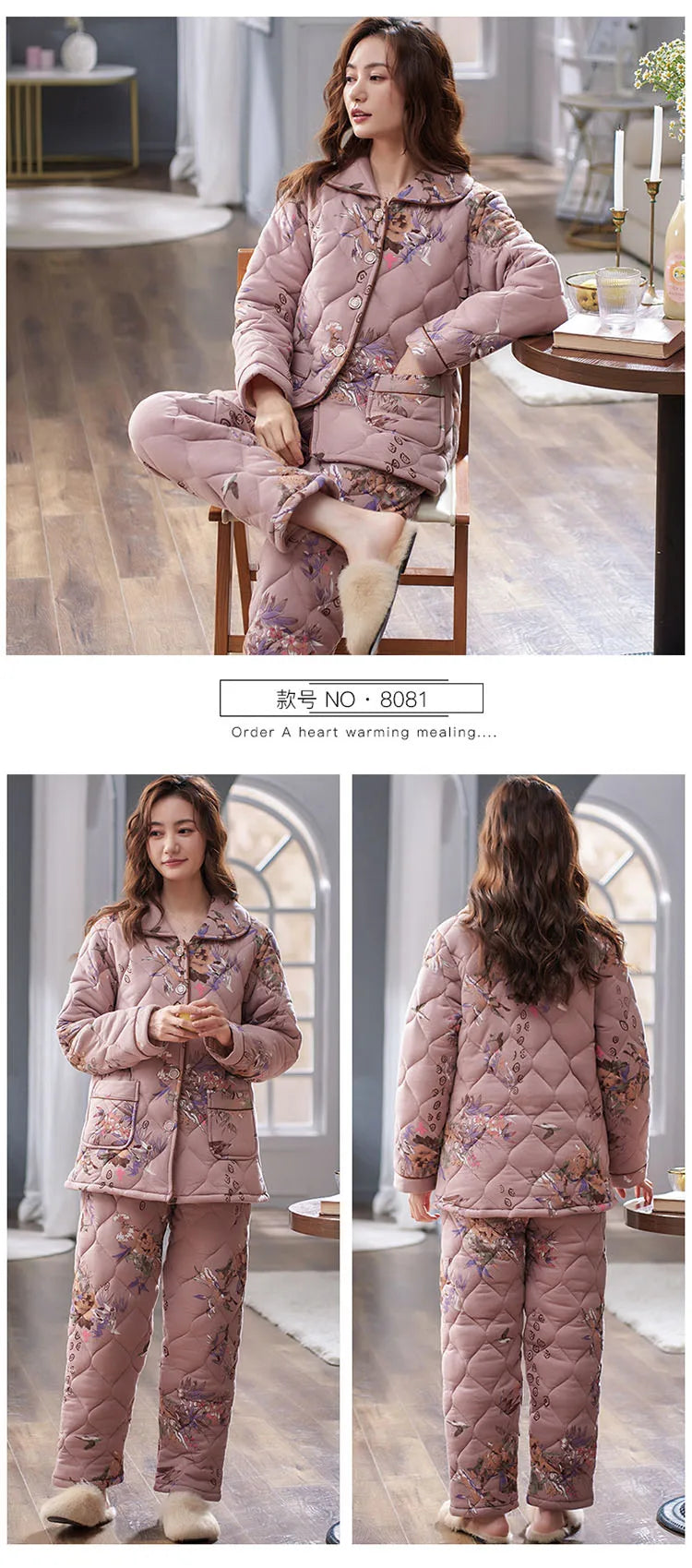 Winter three layer thick keep warm quilted jacket women's pajamas floral pijamas inverno M-XXXL sleepwear
