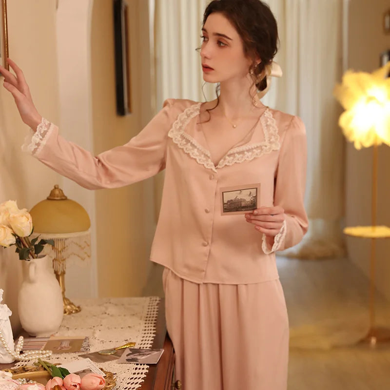 Two Piece Pajamas Set Women Satin Nightwear Home Clothes Spring Autumn Long Sleeve Shirt&pants Sleepwear Suit