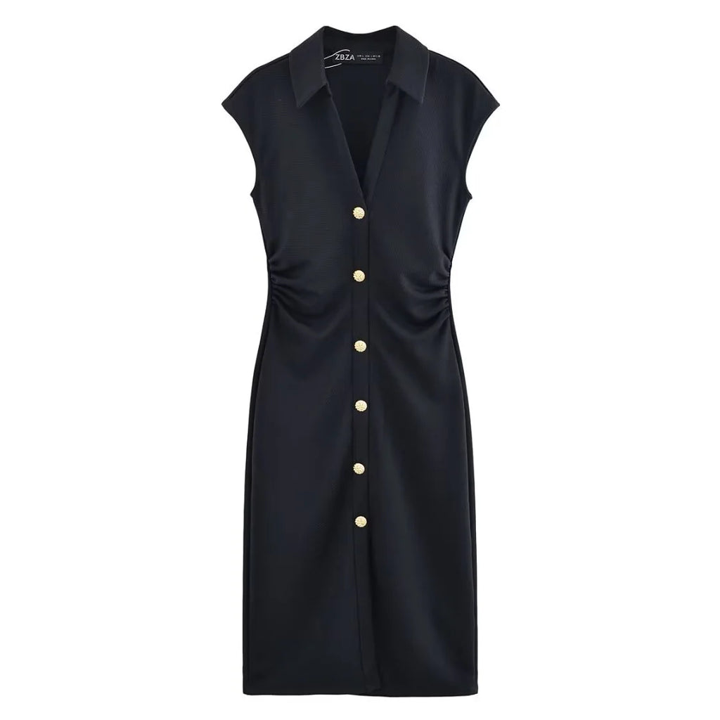 BSAY Dress for Women Fashion Summer New Fold Sleeveless V-neck Single Breasted Midi Dresses French Chic Female Evening Clothing