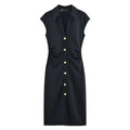 BSAY Dress for Women Fashion Summer New Fold Sleeveless V-neck Single Breasted Midi Dresses French Chic Female Evening Clothing