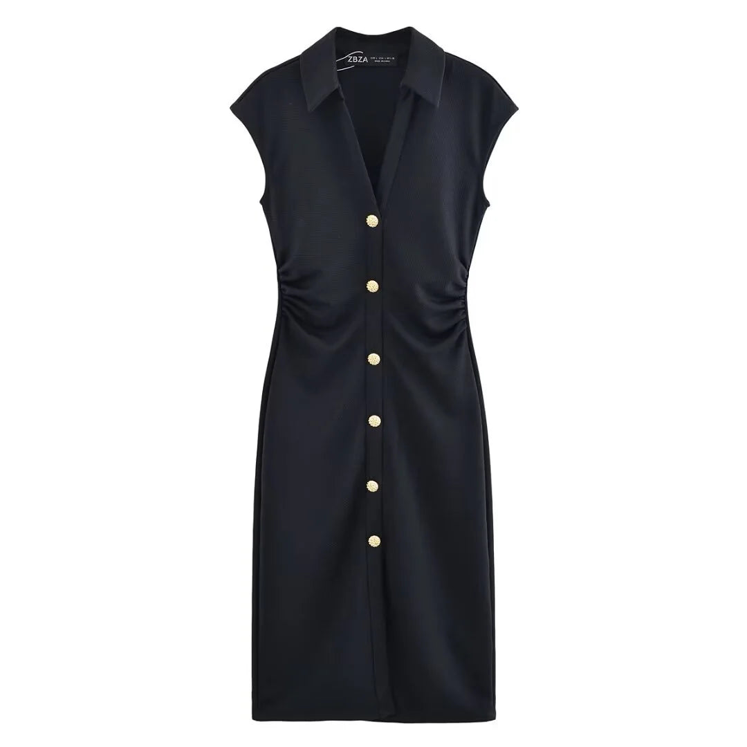 BSAY Dress for Women Fashion Summer New Fold Sleeveless V-neck Single Breasted Midi Dresses French Chic Female Evening Clothing