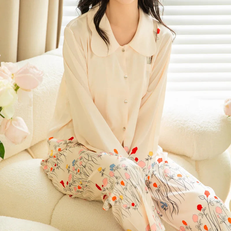 Female 2PCS Pajamas Set Spring Summer Print Flower Sleepwear Long Sleeve Trouser Suits Sweet Loose Satin Home Clothes Loungewear