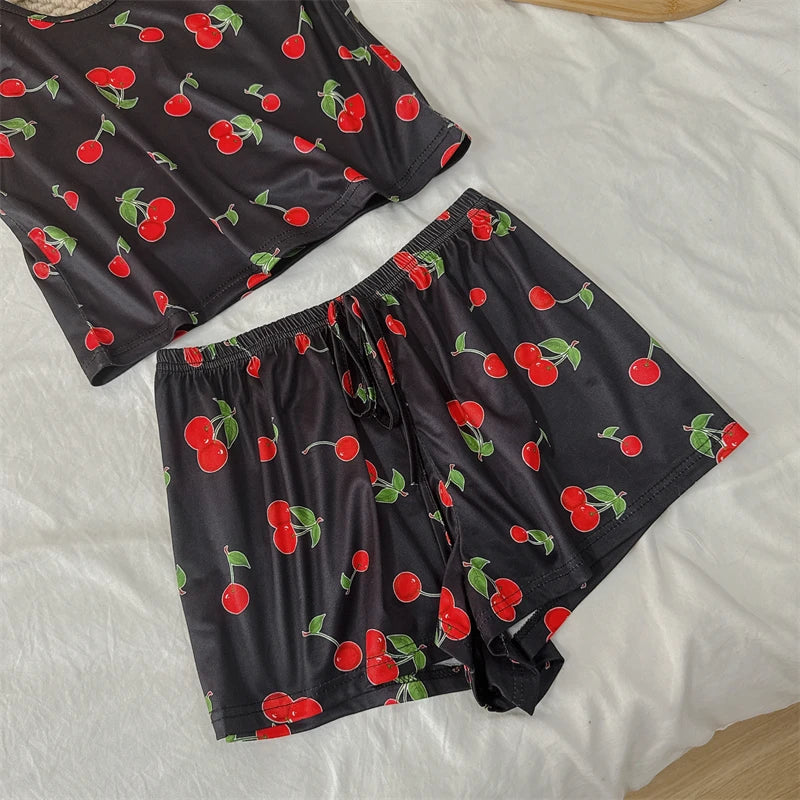 Summer Elegant Floral Print Sleepwear Women Sexy Ultra-Thin Vest and Shorts Comfortable Loungewear Breathable Nightwear HomeWear