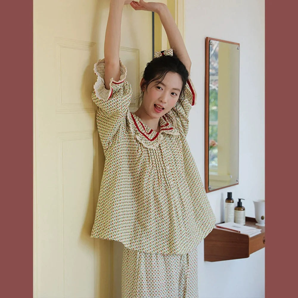 2026 new 100% cotton sweet rose floral printing home wear set princess women loose 2 pieces pajamas sets for spring summer