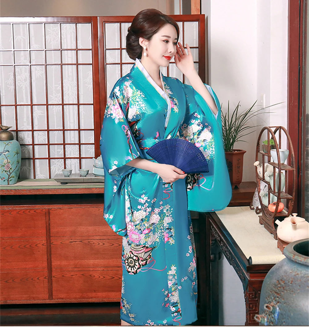 Traditional Japanese Satin Kimono Bathrobe With Obi Women Floral Print Nightgown Yukata Novelty Gown Bridal Homewear Sleepwear