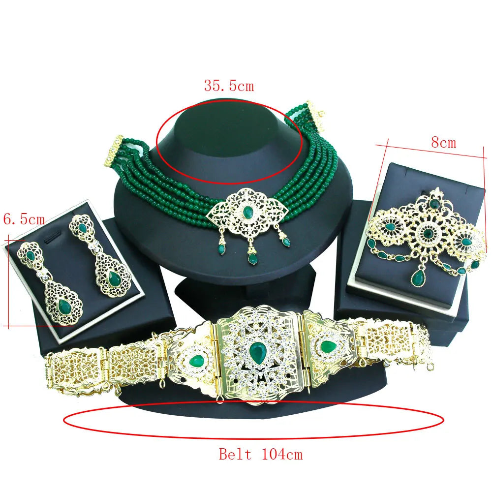 Sunspicems Morocco Bride Wedding Jewelry Sets For Women Gold Color Arabic Caftan Waist Belt Brooch Bead Choker Necklace Earrings