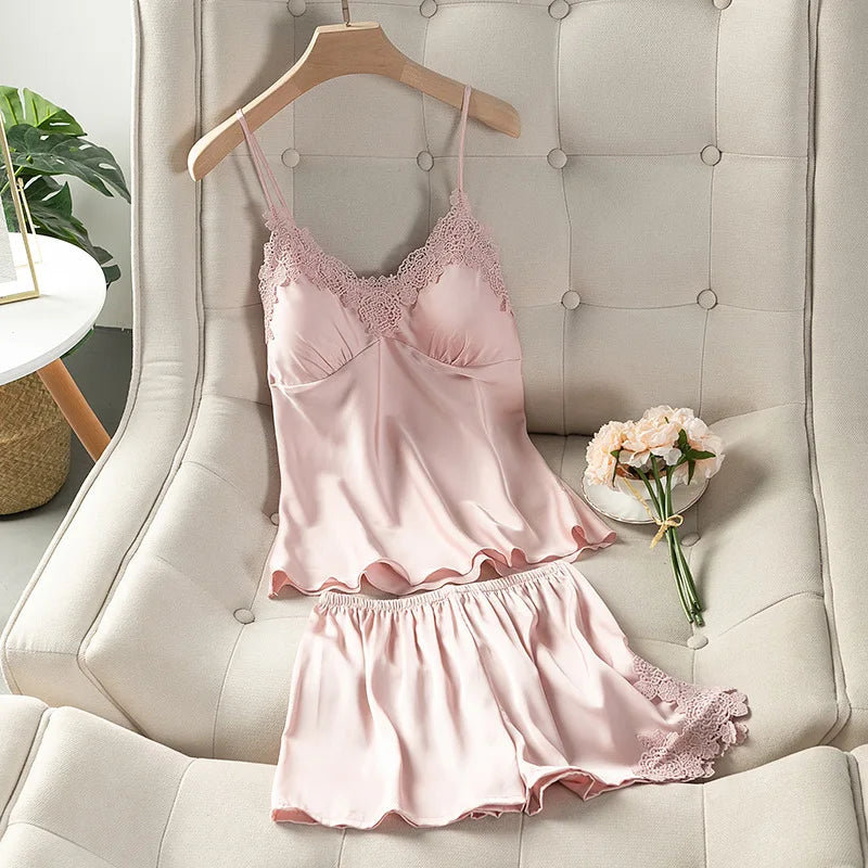 Sexy Suspender Pajamas Set Sleepwear Print Flower Lace Trim Sleepwear Intimate Lingerie Summer New Silk Satin Nightwear Homewear