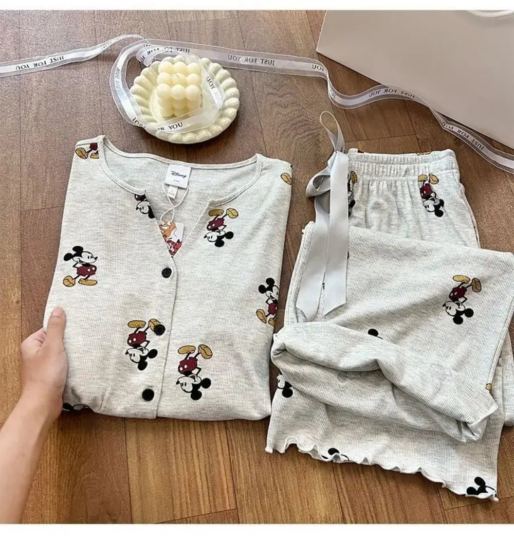 Potdemiel Mickey Women's Pajama Set Autumn, Korean Style Long Sleeve Loungewear, Premium Cotton Sleepwear with Pants