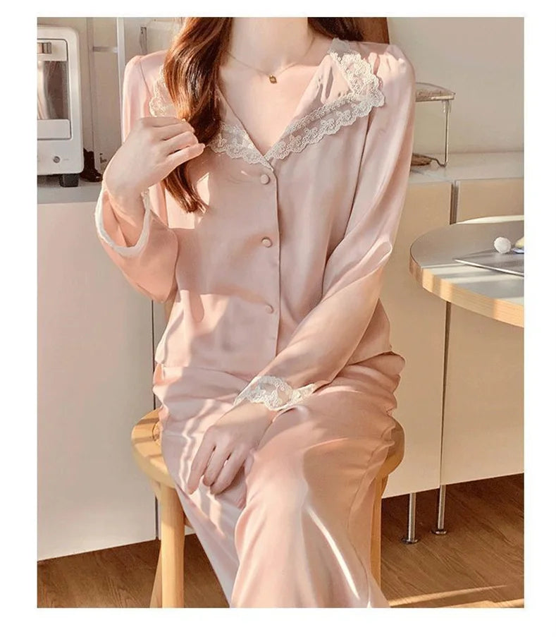 Two Piece Pajamas Set Women Satin Nightwear Home Clothes Spring Autumn Long Sleeve Shirt&pants Sleepwear Suit
