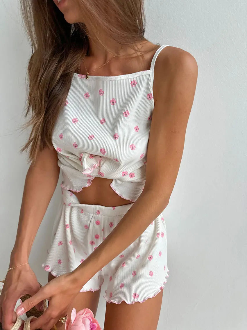 2pcs/set Cartoon Floral Print Knit Pajama Set 2026 New Ruffled Camisole Shorts for Women Comfortable Sleepwear Home Loungewear